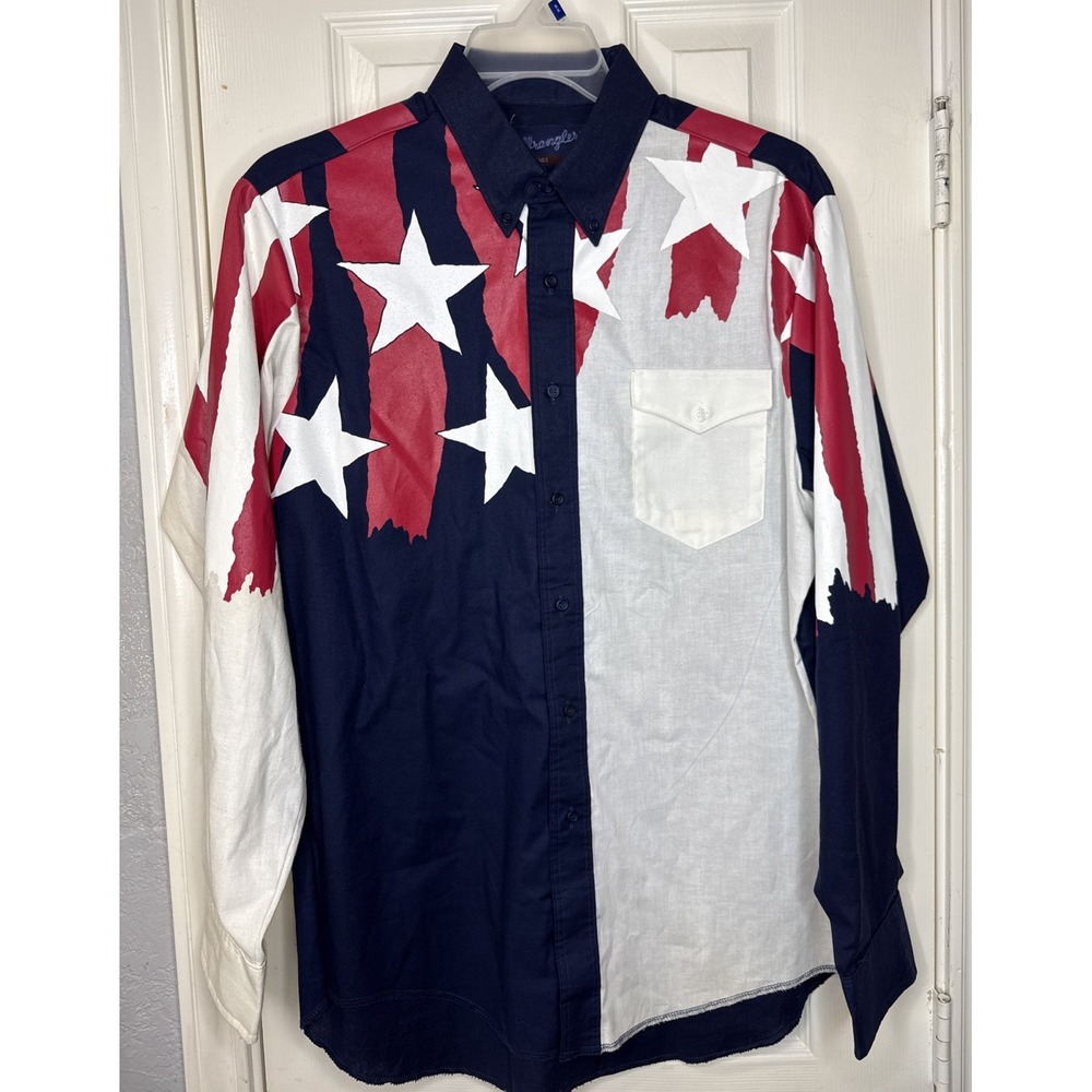 Wrangler Button Down Shirt Mens L USA Stars Stripes Cowboy Rodeo XL‎ Tail